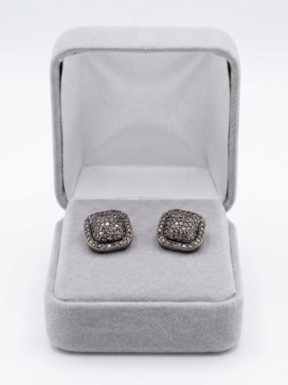 Vintage Stainless Steel Square Pavé Stud Earrings Dark Rhinestone Tarnished Look